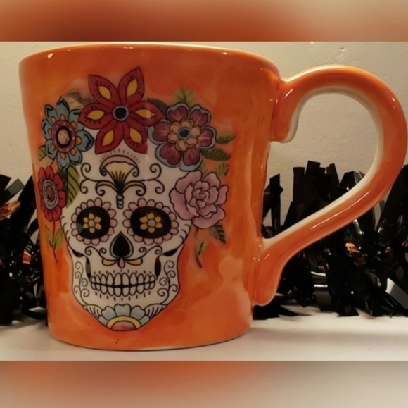 NWOT Set Of 2 Orange Day Of The Dead Ceramic Mugs - Picture 4 of 5